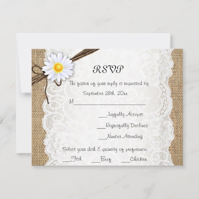 Burlap Rustic Lace Daisy Flower Wedding RSVP Card (Front)