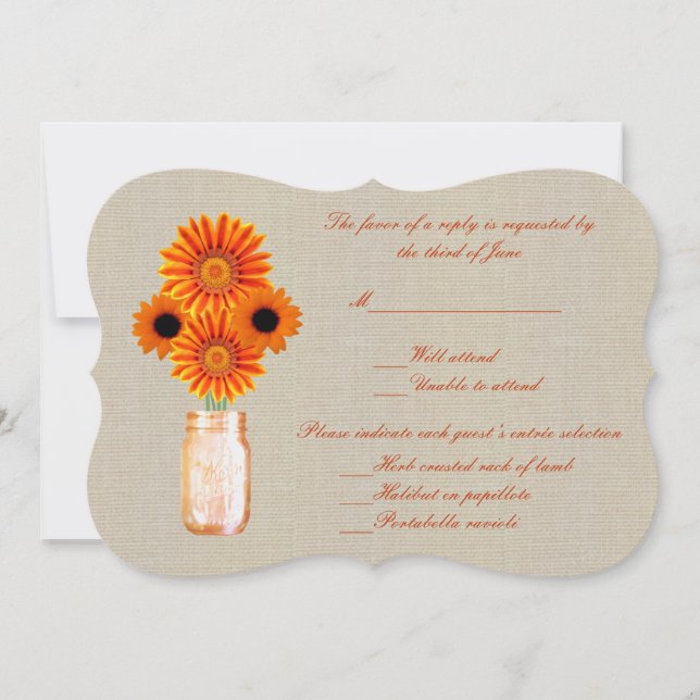 Burlap Rustic Orange Mason Jar Response Card (Front)