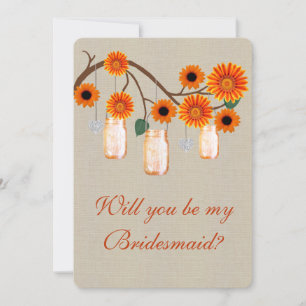Burlap Rustic Orange Mason Jars Bridesmaid Card