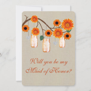 Burlap Rustic Orange Mason Jars Maid Of Honour Car Invitation
