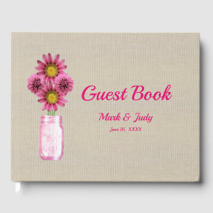 Burlap Rustic Pink Floral Mason Jar Wedding Guest Book