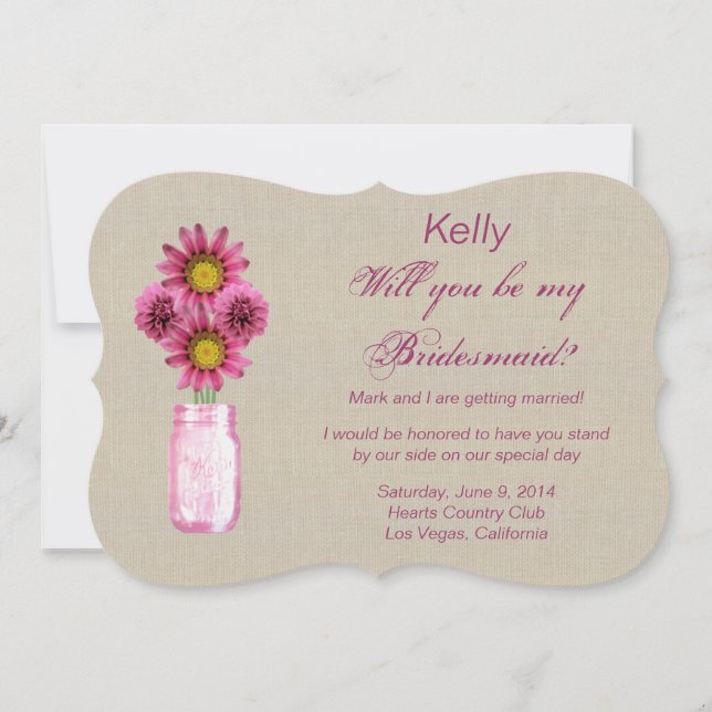 Burlap Rustic Pink Mason Jar Bridesmaid Card (Front)