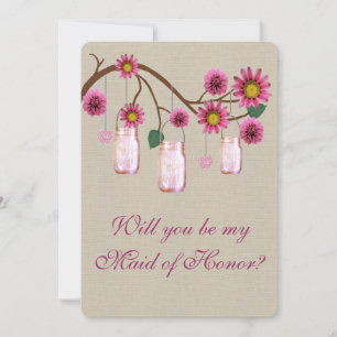 Burlap Rustic Pink Mason Jars Maid Of Honour Card