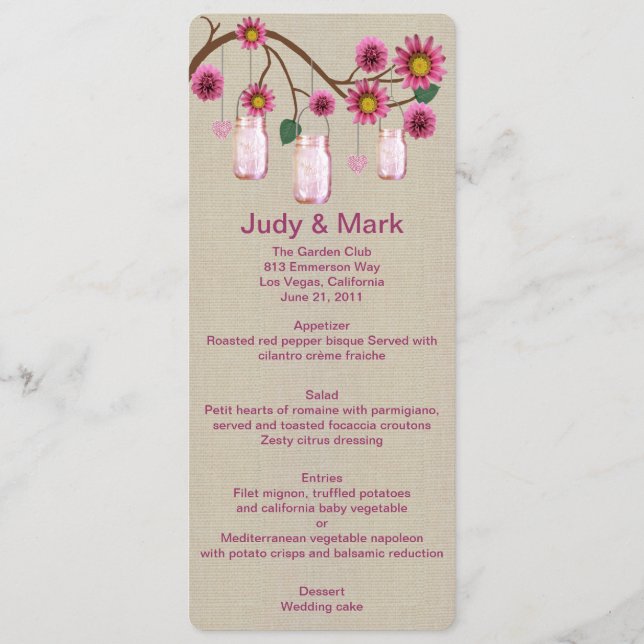 Burlap Rustic Pink Mason Jars Menu Card (Front)