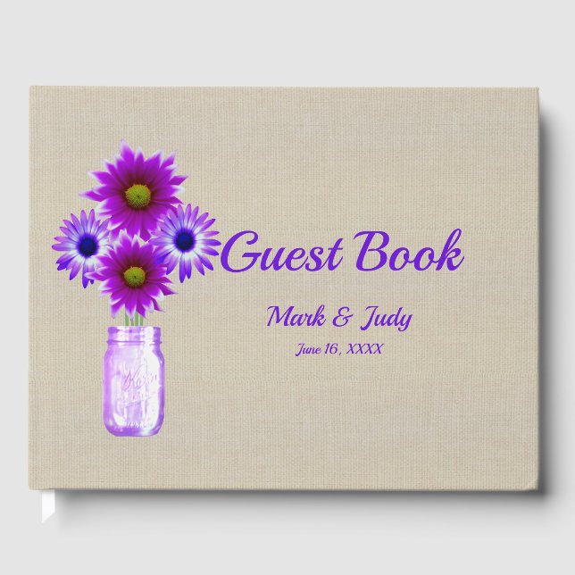 Burlap Rustic Purple Floral Mason Jar Wedding Guest Book (Front)