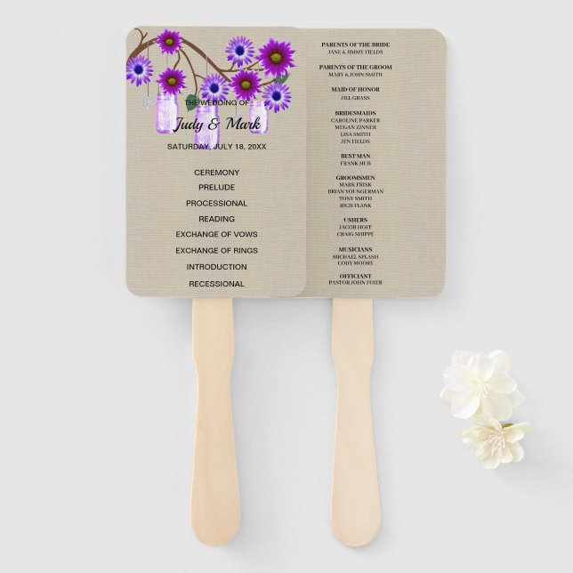 Burlap Rustic Purple Floral Mason Jars Wedding Hand Fan (Front and Back)