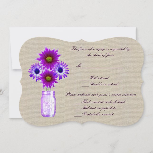 Burlap Rustic Purple Mason Jar Response Card (Front)