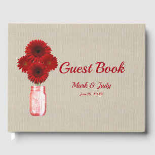 Burlap Rustic Red Floral Mason Jar Wedding Guest Book