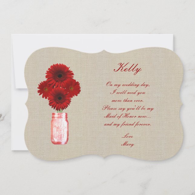 Burlap Rustic Red Mason Jar Maid Of Honour Card (Front)
