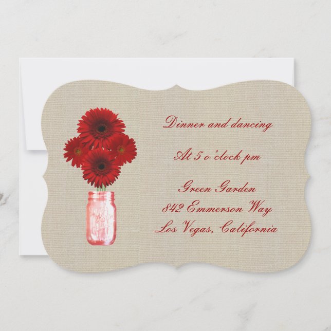 Burlap Rustic Red Mason Jar Reception Card (Front)
