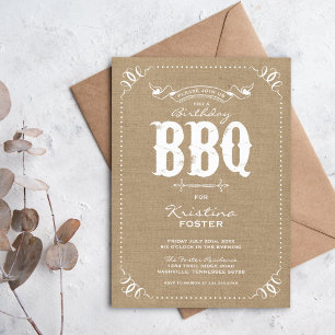 Burlap Rustic Vintage Chic Birthday Party BBQ Invitation