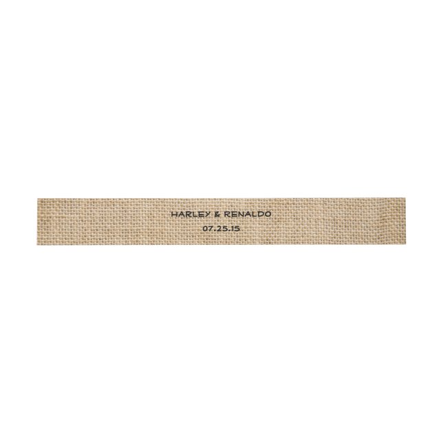 Burlap Rustic Wedding Names Date Faux Texture Invitation Belly Band (Flat)