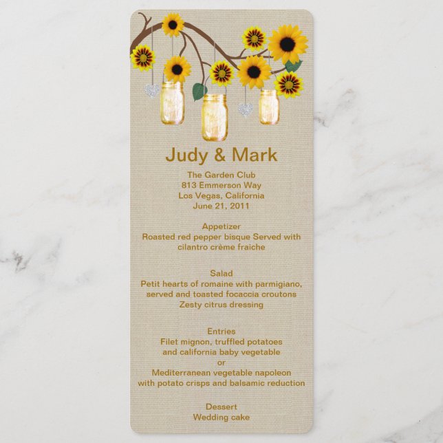Burlap Rustic Yellow Mason Jars Menu Card (Front)