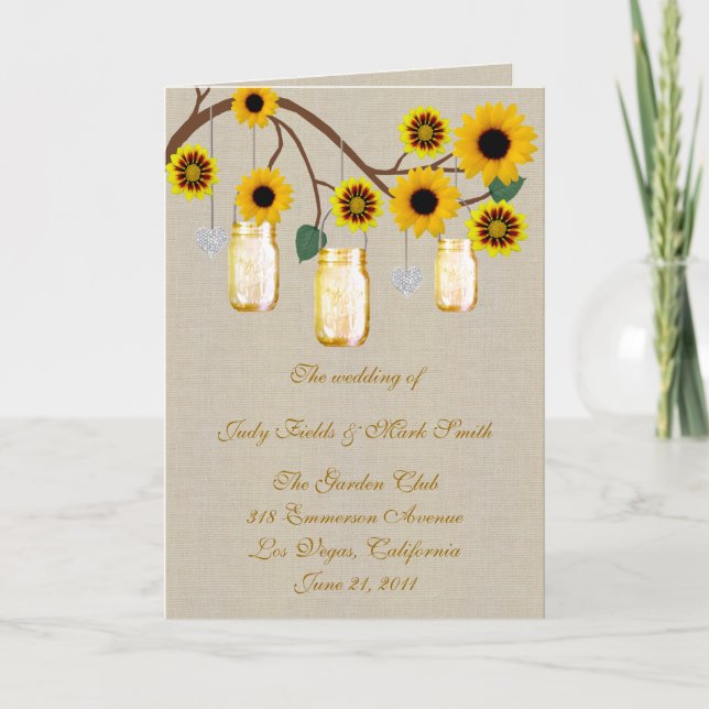 Burlap Rustic Yellow Mason Jars Program Card (Front)