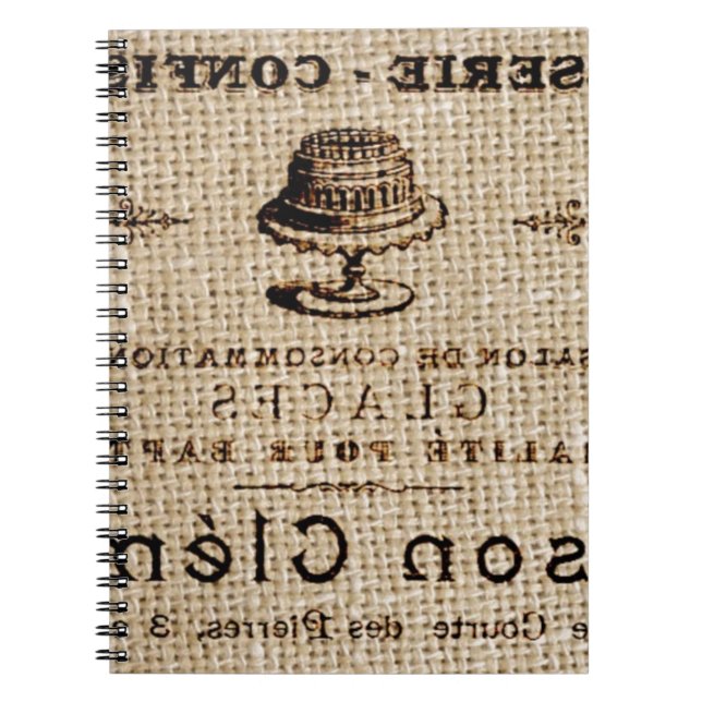 burlap scripts shabby chic french country cake spiral notebook (Front)