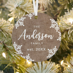 Burlap Snowflakes Custom Family Name Script Xmas Metal Tree Decoration