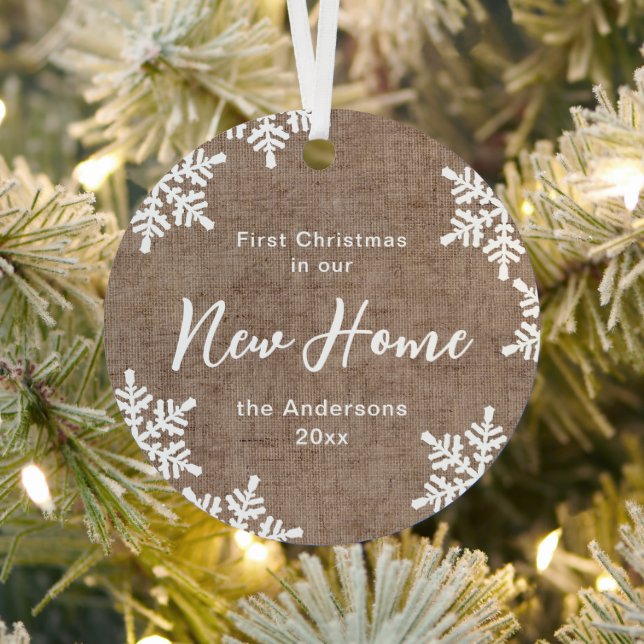 Burlap Snowflakes First Christmas In Our New Home Metal Tree Decoration (Insitu)