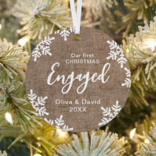 Burlap Snowflakes Our First Christmas Engaged Metal Tree Decoration