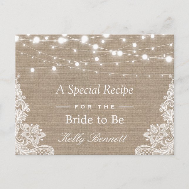 Burlap String Lights Lace Bridal Shower Recipe Postcard (Front)