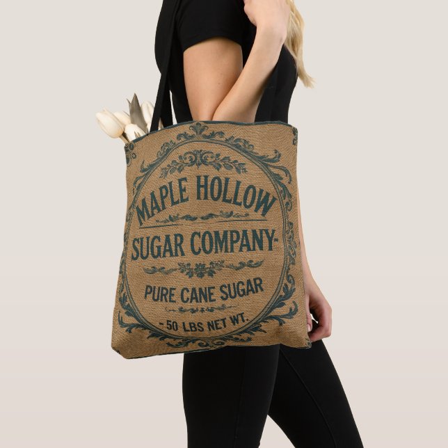 BURLAP STYLE FEED SACK MAPLE HOLLOW SUGAR  TOTE BAG (Close Up)