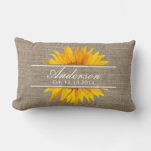 Burlap & Sunflower Family Established Family Name Lumbar Cushion (Front)