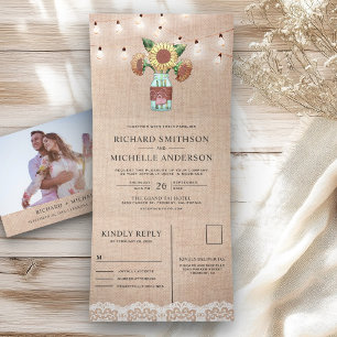 Burlap Sunflower Mason Jar String Lights Wedding Tri-Fold Invitation