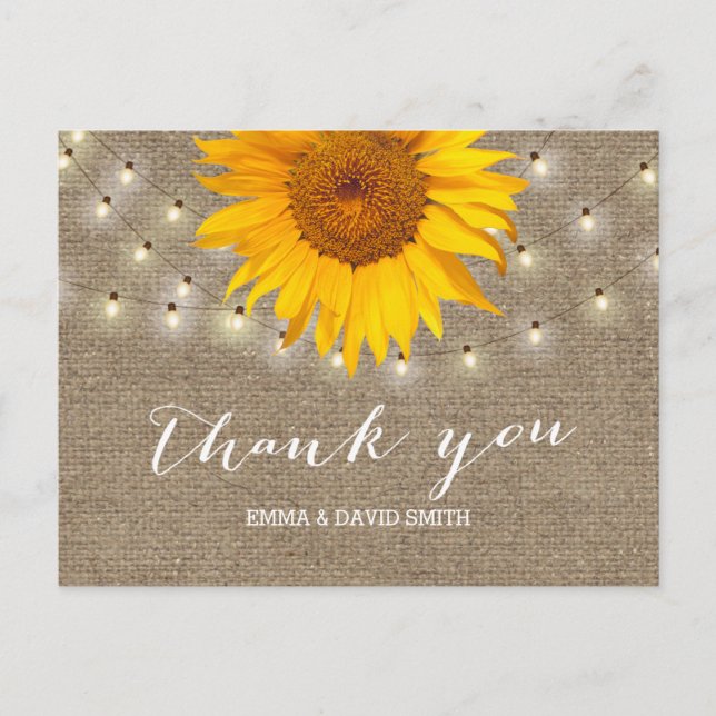 Burlap Sunflower & String Lights Thank You Postcard (Front)