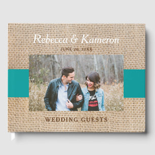 Burlap & Teal Colour Block Photo Wedding Guest Book