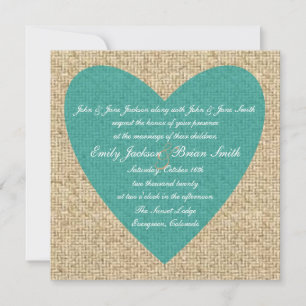 Burlap teal heart rustic wedding invitations
