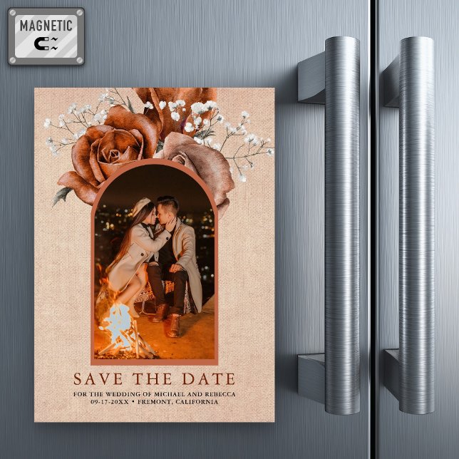 Burlap Terracotta Wedding Photo Save the Date Magnetic Invitation (Creator Uploaded)