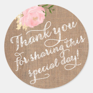 Burlap Thank You Stickers, Shabby Thank You favour Classic Round Sticker
