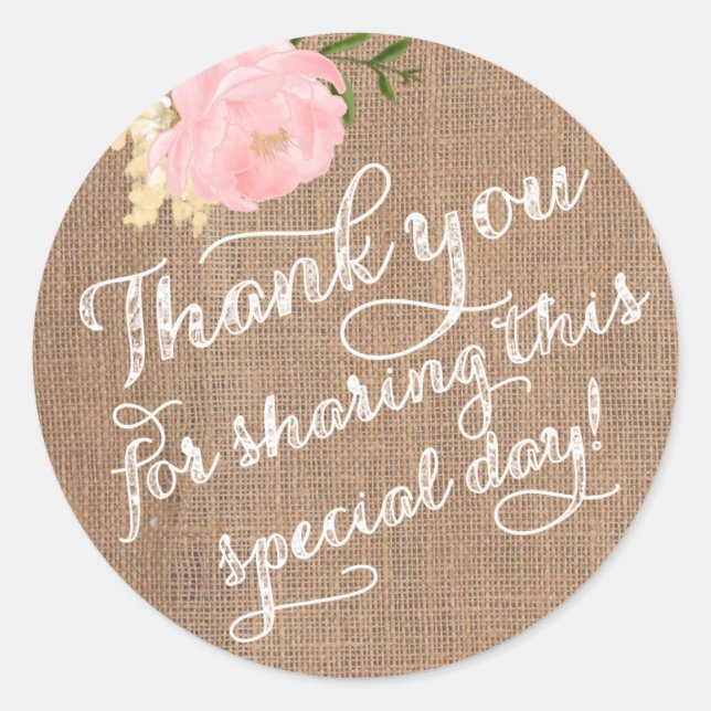 Burlap Thank You Stickers, Shabby Thank You favour Classic Round Sticker (Front)