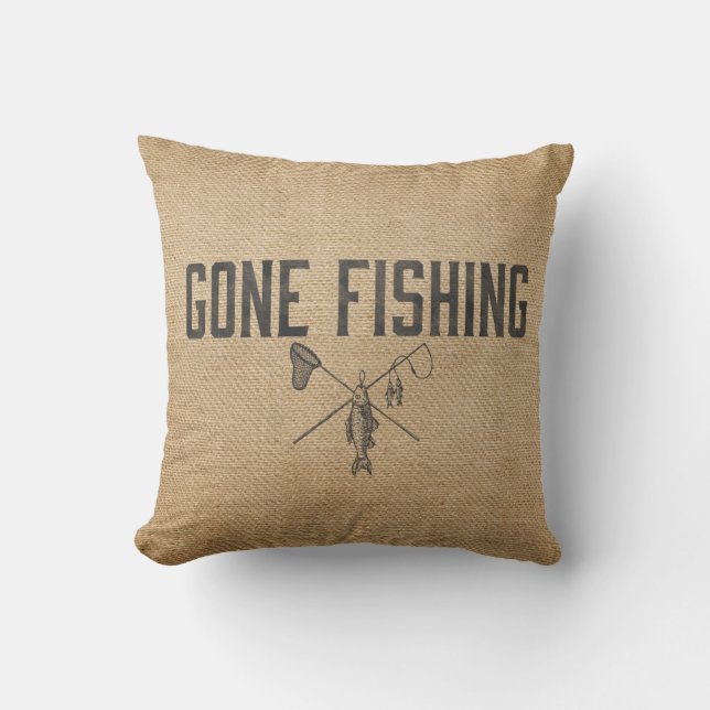 Burlap Vintage Gone Fishing Cushion (Front)