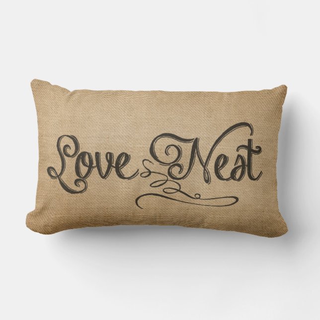 Burlap Vintage Love Nest Lumbar Cushion (Front)