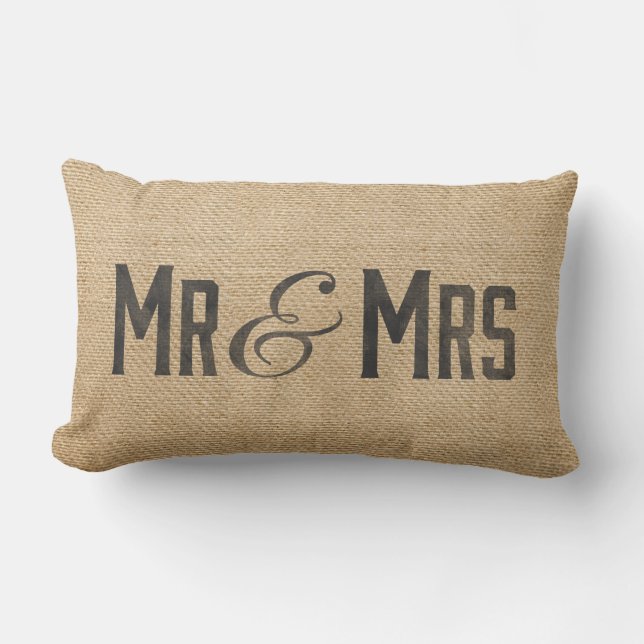 Burlap Vintage Mr & Mrs Wedding Date Lumbar Cushion (Front)