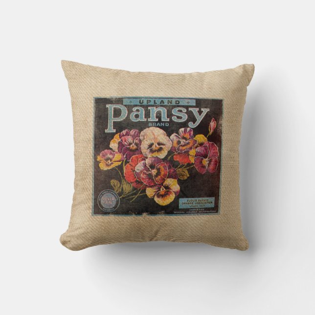 Burlap Vintage Pansey Flowers Cushion (Front)