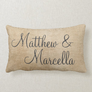 Burlap Vintage Personalise Wedding Names Date Lumbar Cushion