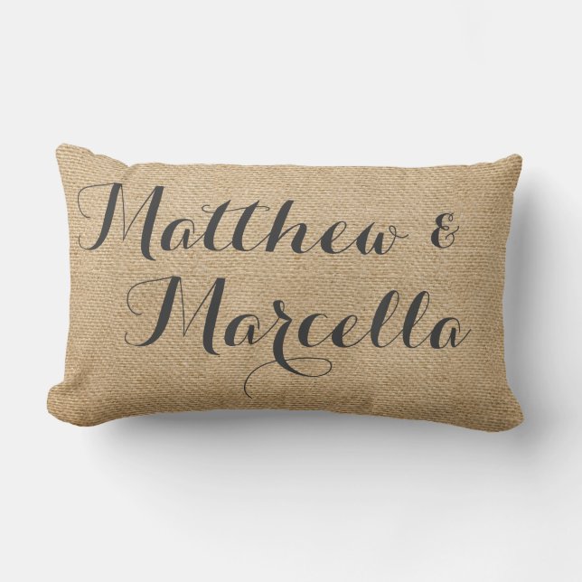 Burlap Vintage Personalised Wedding Names Date Lumbar Cushion (Front)