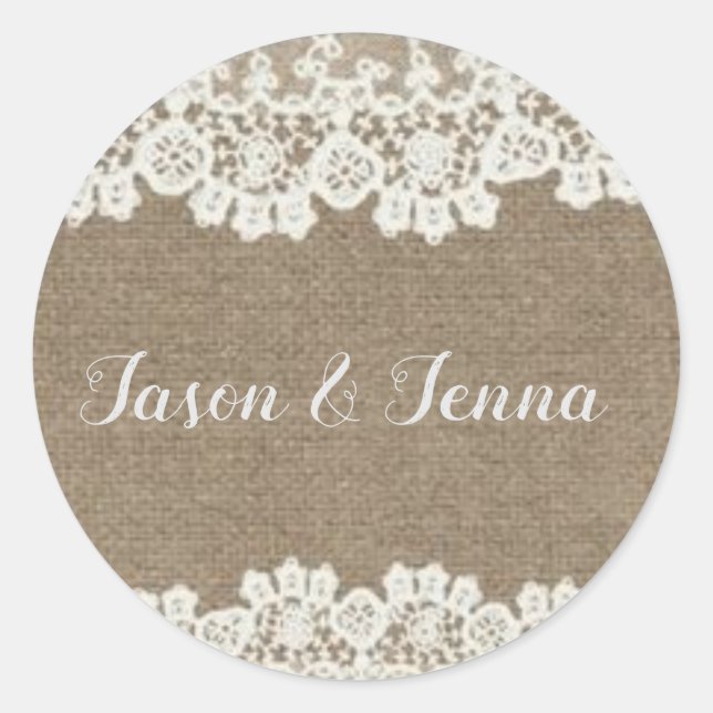 burlap wedding classic round sticker (Front)