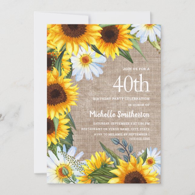 Burlap White Daisies Yellow Sunflower 40thBirthday Invitation (Front)