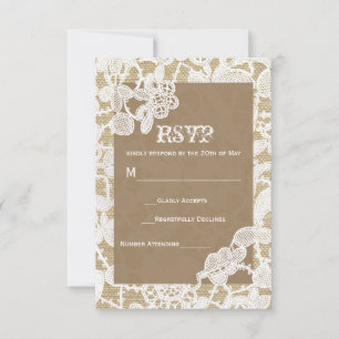 Burlap & White Floral Lace Rustic Wedding RSVP Card