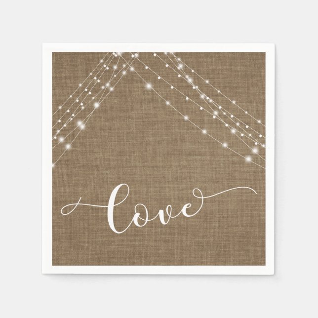 Burlap with White Light Strings & Love Typography Napkin (Front)