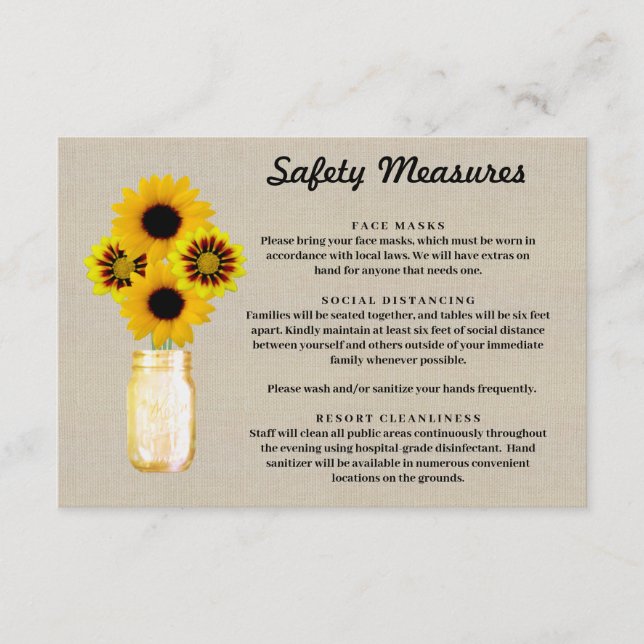 Burlap Yellow Floral Mason Jar Safety Measures Enclosure Card (Front)