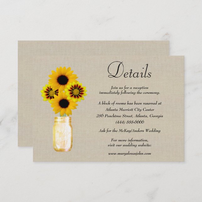 Burlap Yellow Floral Mason Jar Wedding Details Enclosure Card (Front/Back)