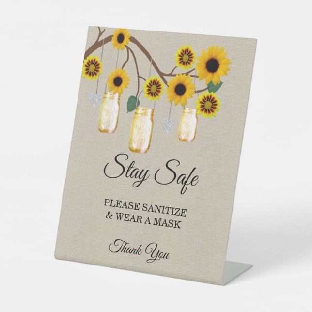Burlap Yellow Floral Mason Jar Wedding Safety  Pedestal Sign (Front)