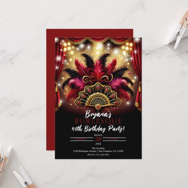 Burlesque Feathers & Lights Glam Birthday Party Invitation (Front/Back In Situ)