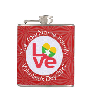 Burma Myanmar Red LOVE Flag Personalised Hip Flask