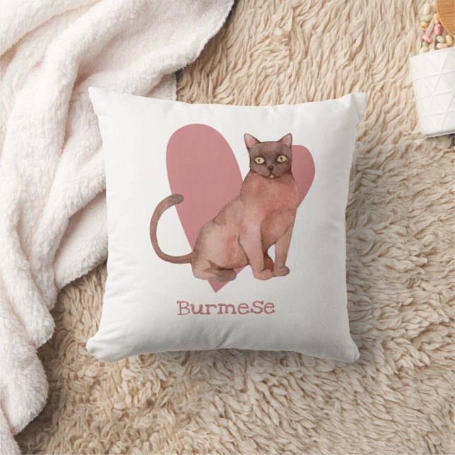 Burmese Cat Watercolor Kitty Pink Heart Cushion (Blanket)