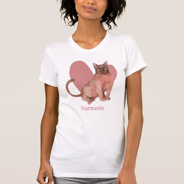 Burmese Cat Watercolor Kitty Pink Heart T-Shirt (Front)
