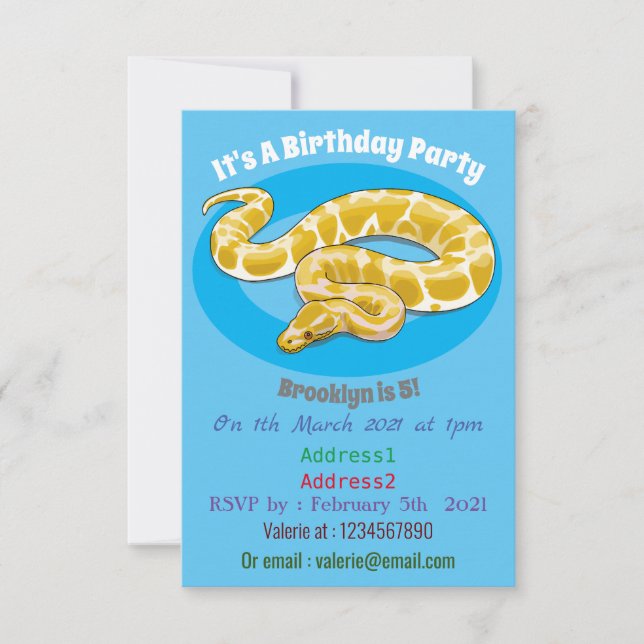 Burmese python snake cartoon illustration invitation (Front)